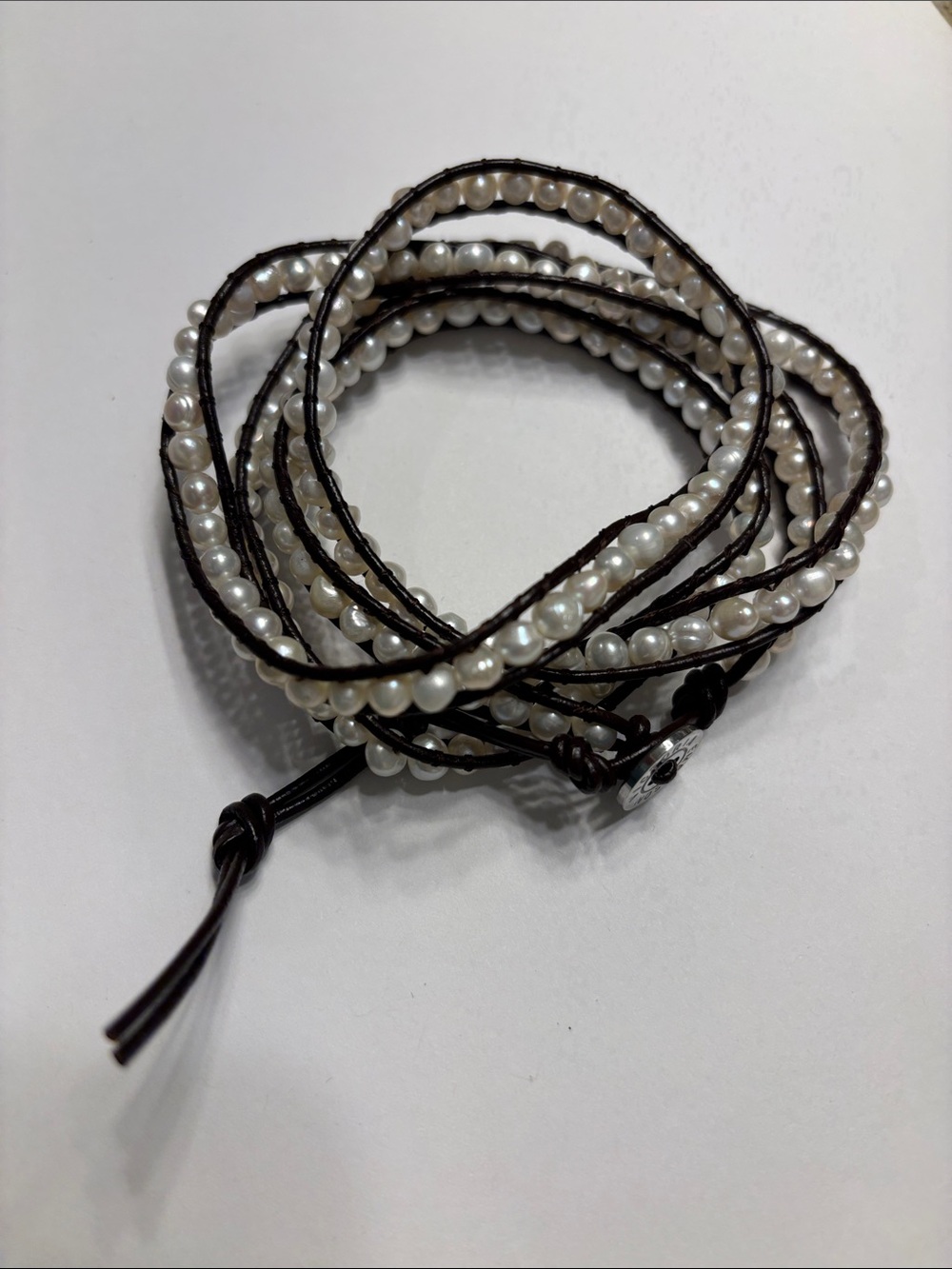 Victoria Emerson Pearl Multiwrap Bracelet with Dark Brown Cord